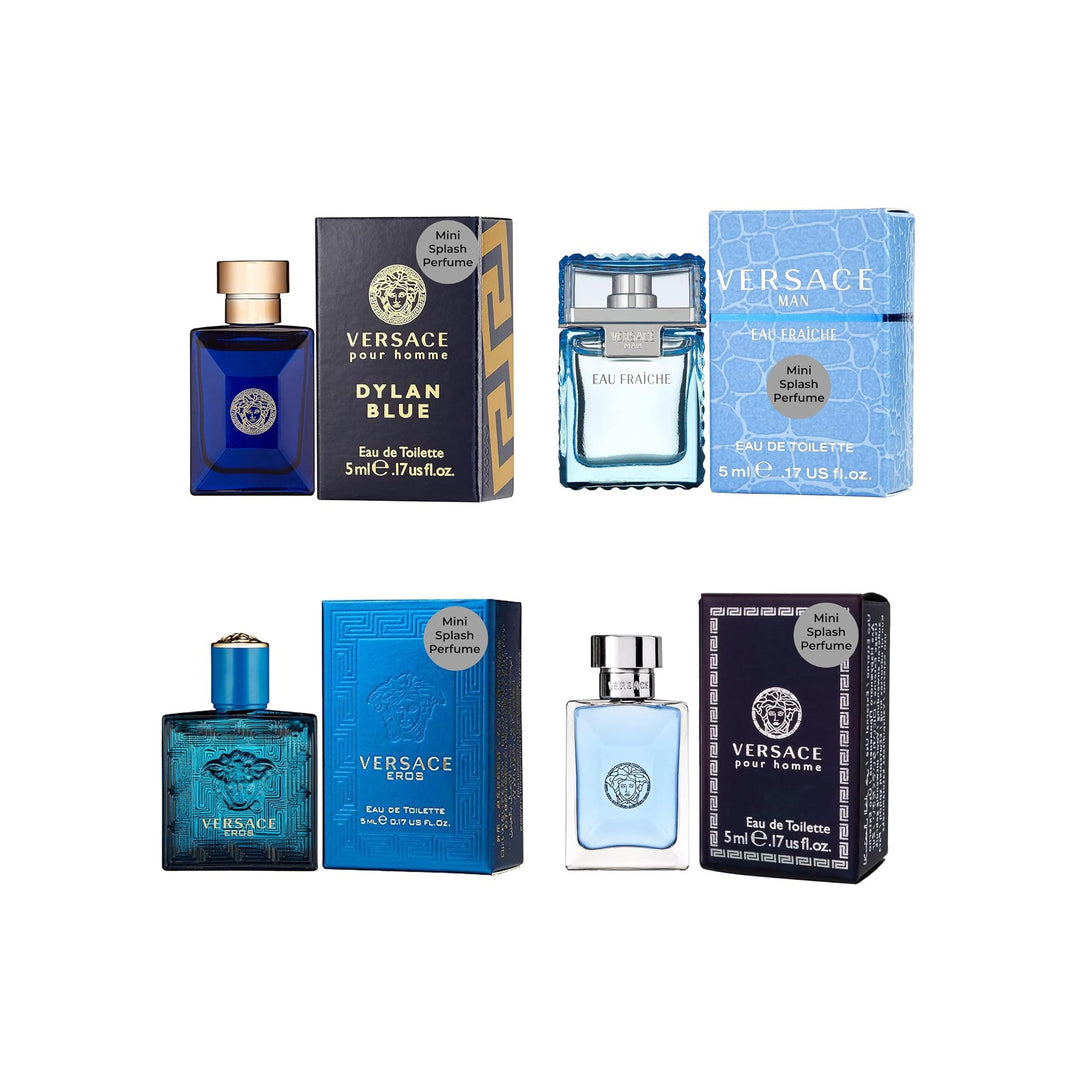 Versace Cologne for Men Set of 4 Mini Eros, Pour Homme, Dylan Blue, Eau Fraiche Perfume for Men Fragrance Sampler Set - Designer Mens Cologne Samples (4 Count, 0.17 oz)