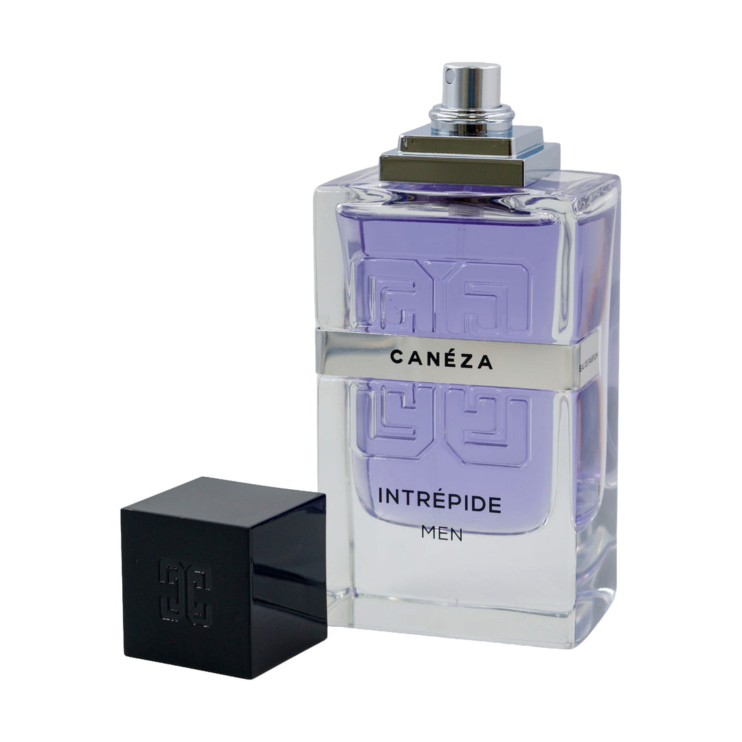 Caneza Intrepide Men Eau de Parfum 100 ml / 3.4 fl oz – Uncapped bottle with atomizer and cap on a white background