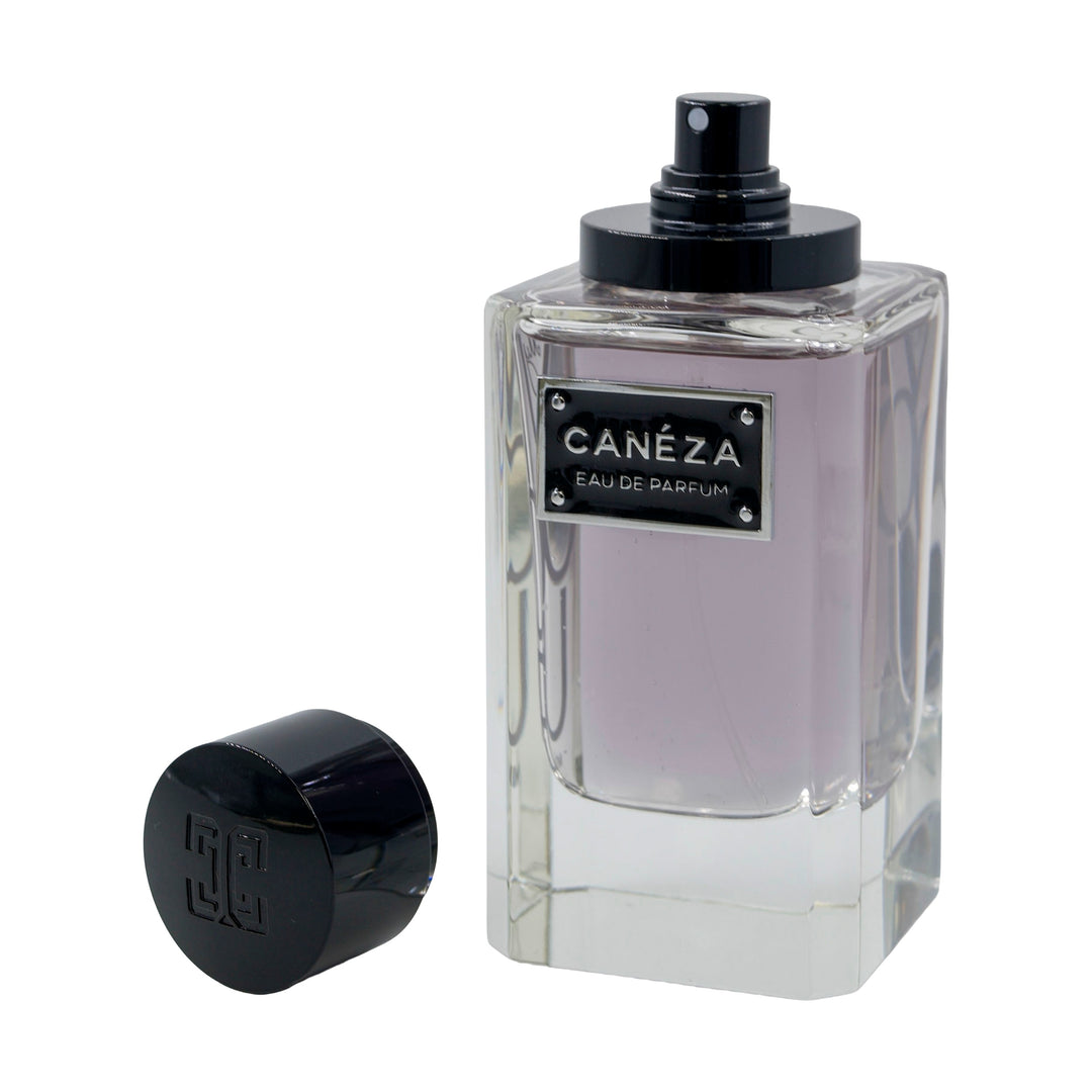 Caneza My Vogue Men Eau de Parfum 100 ml / 3.4 fl oz – Uncapped bottle with atomizer and cap on a white background