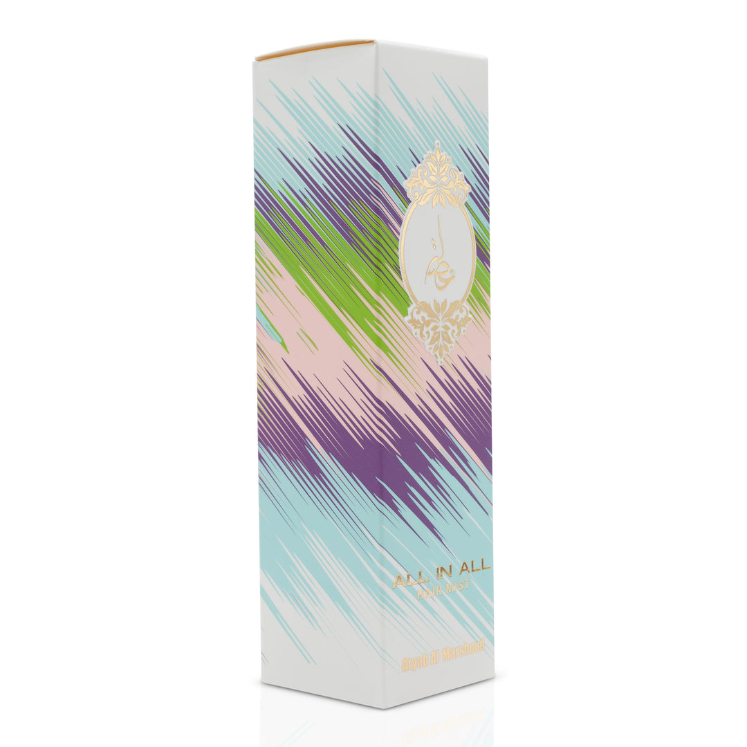 Angled view of the multicolor gradient product box displaying its gold emblem and tall rectangular shape.