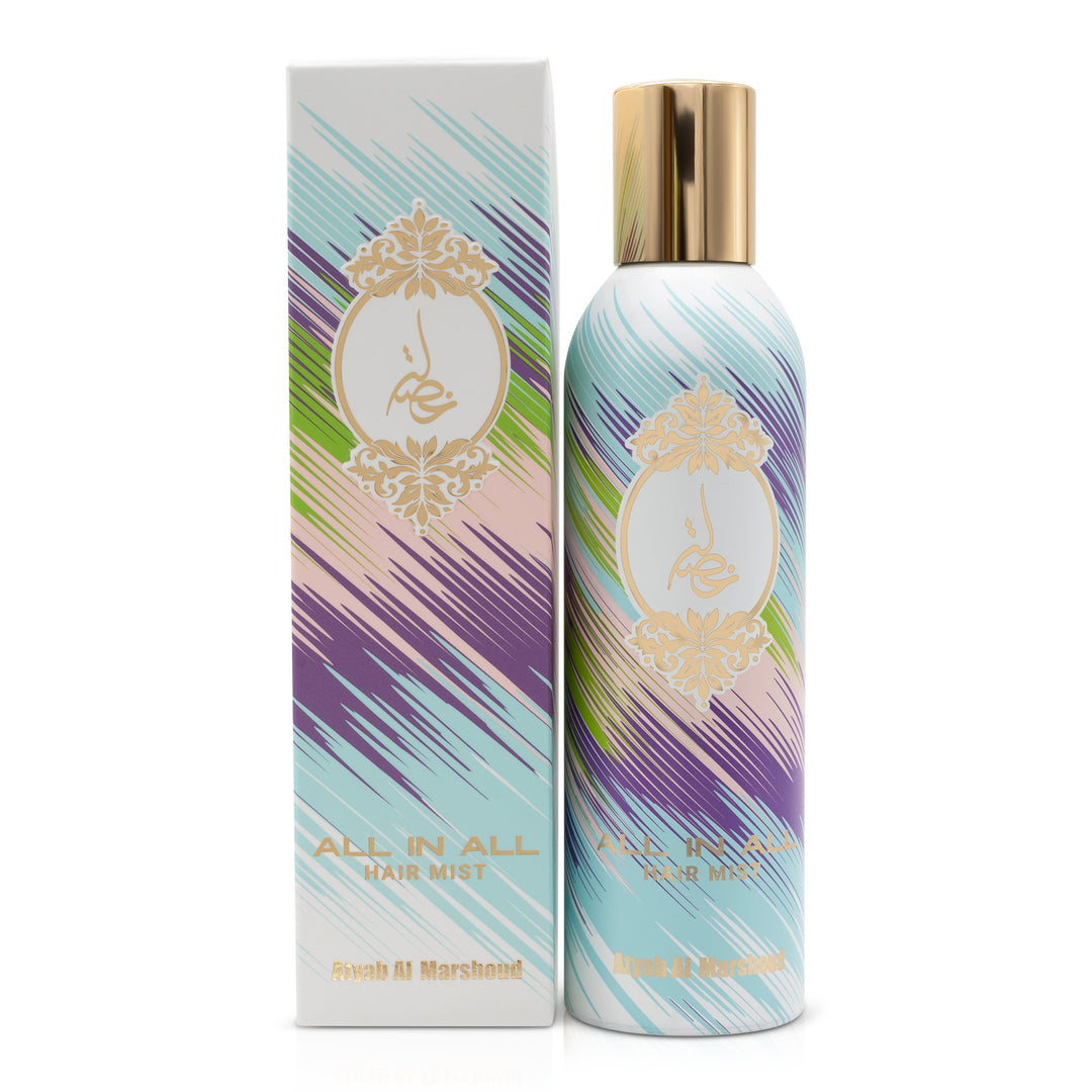 Upright body spray bottle with gold cap and multicolor brush-stroke pattern featuring a gold ornate emblem.