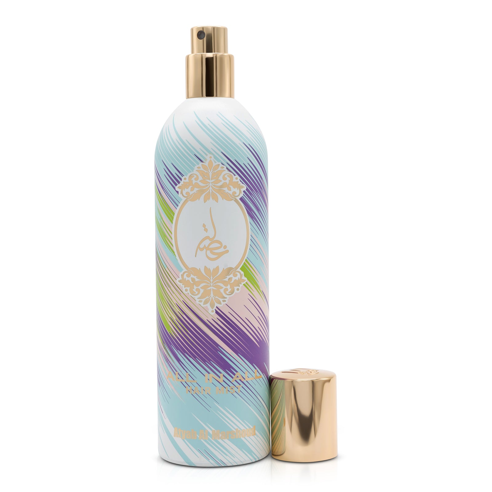 Colorful body spray bottle with a gold cap, featuring a blue, purple, and green gradient brush-stroke design and gold floral emblem.