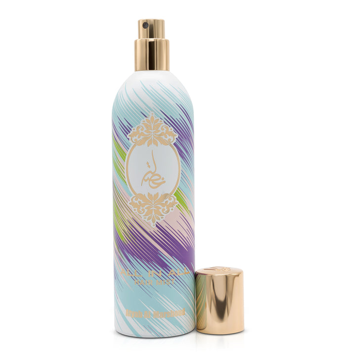 Colorful body spray bottle with a gold cap, featuring a blue, purple, and green gradient brush-stroke design and gold floral emblem.