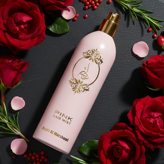 Light pink body essence bottle placed on a dark surface surrounded by red roses and decorative greenery.
