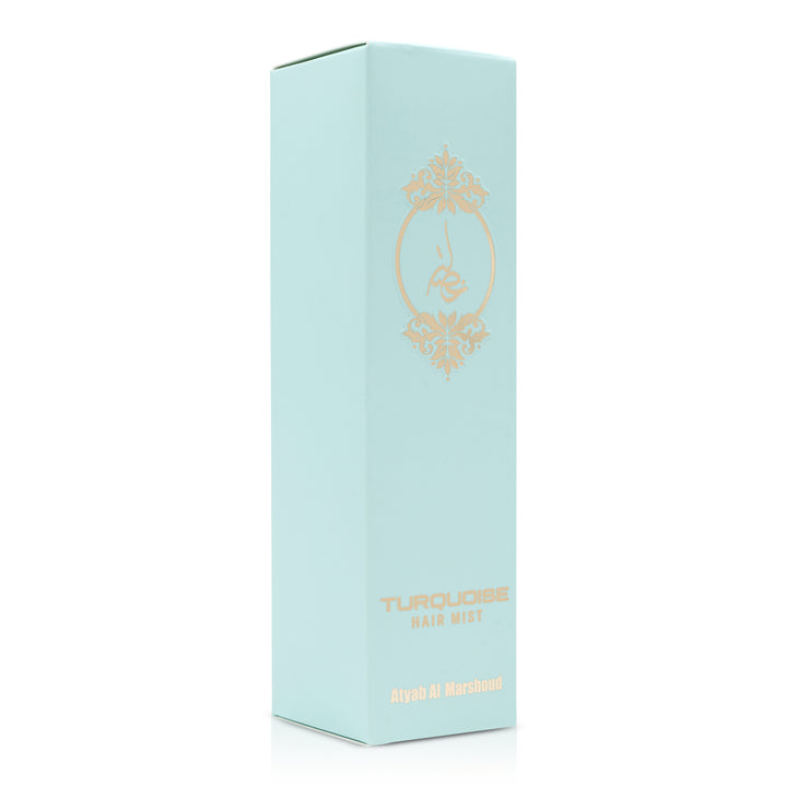 Angled view of the light blue body essence product box showing its tall rectangular shape and gold detailing.