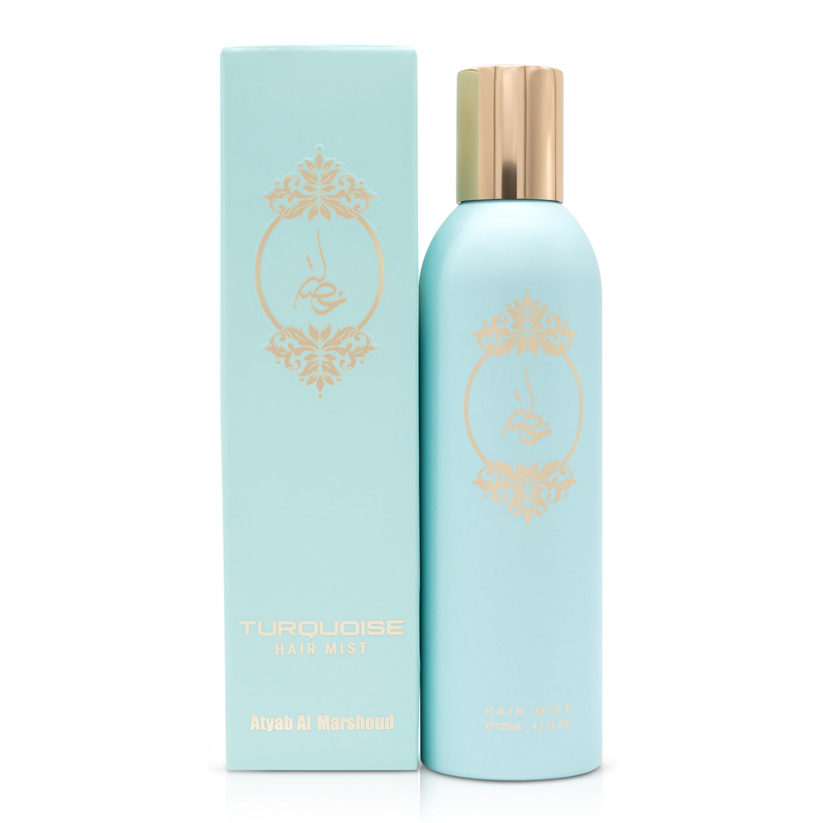 Light blue body essence bottle with a gold cap standing beside its matching light blue product box featuring gold decorative artwork