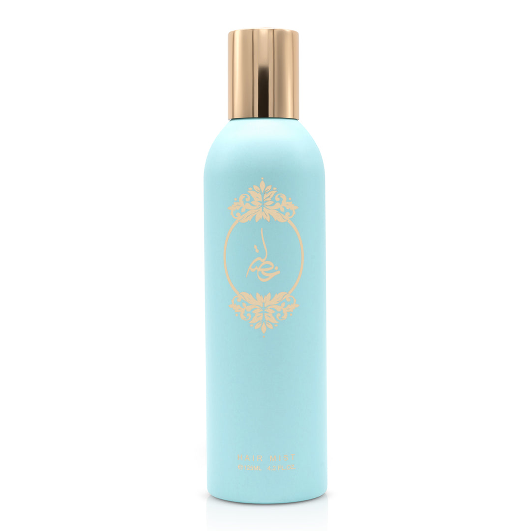 Light blue body essence bottle with gold printed emblem and gold cap displayed on a white background.