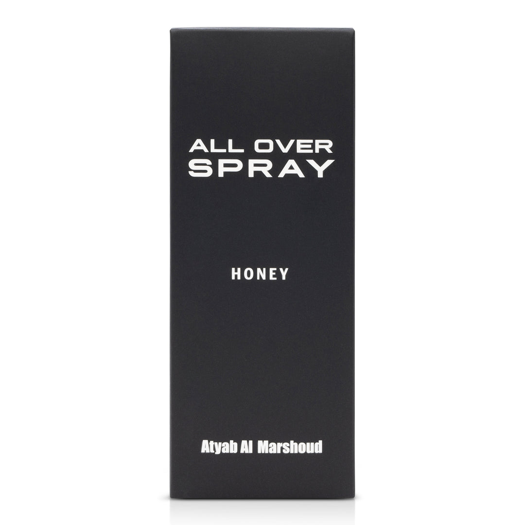Front view of a black product box with simple white text for the all-over spray