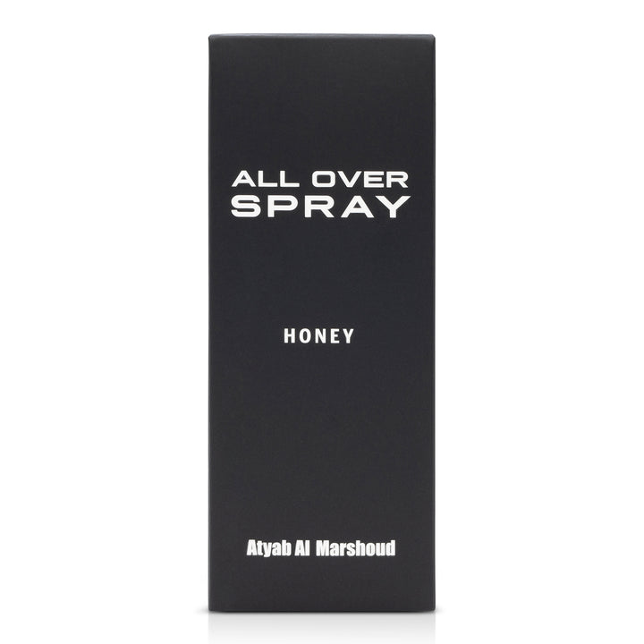 Front view of a black product box with simple white text for the all-over spray