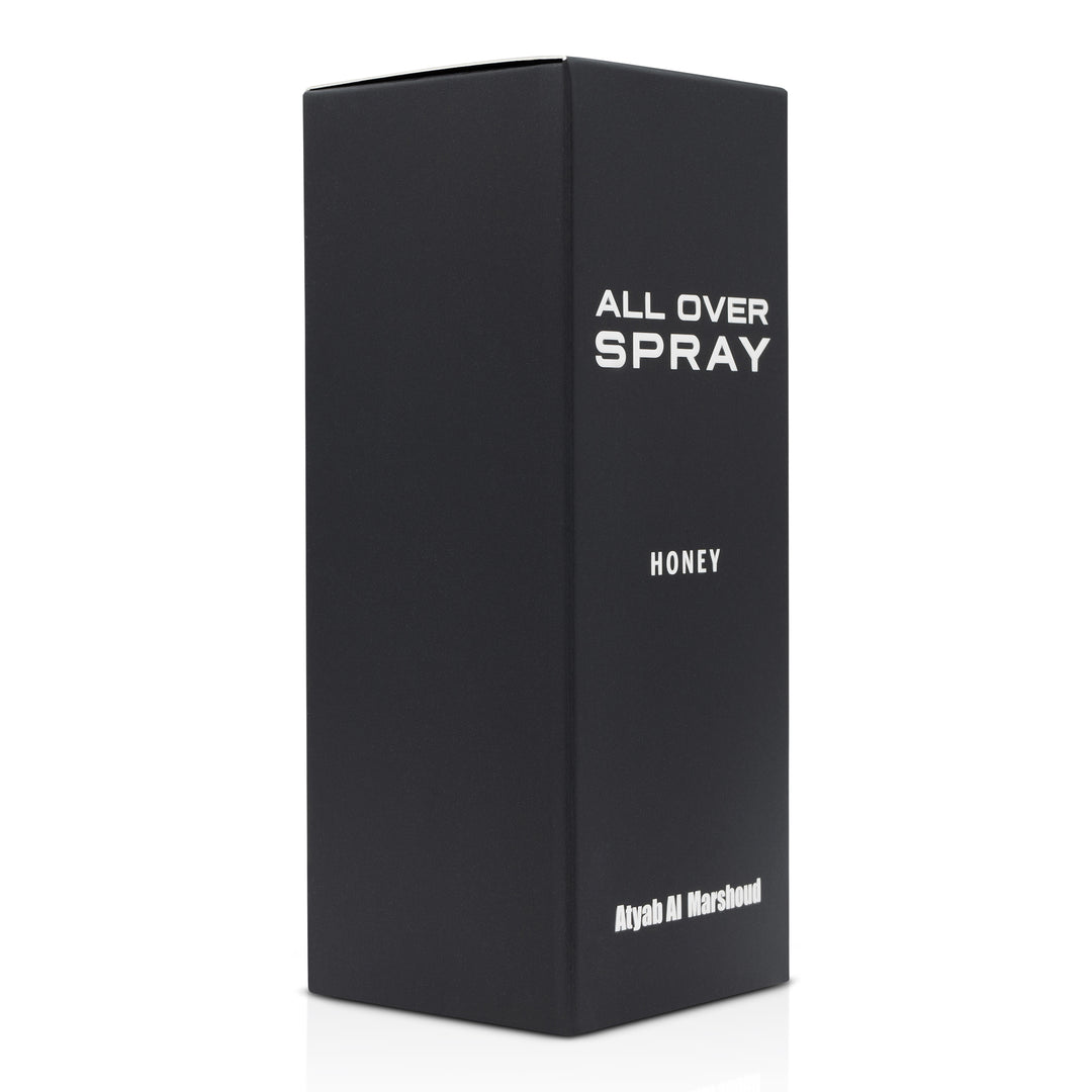 Angled view of the black all-over spray product box showing its clean, minimal design.