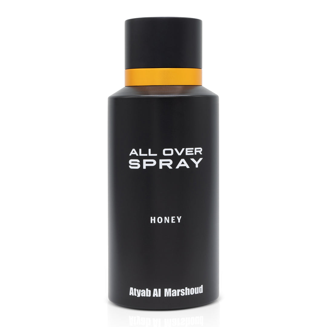 Black all-over spray bottle with a matte finish, orange accent band, and bold white text reading ‘All Over Spray’