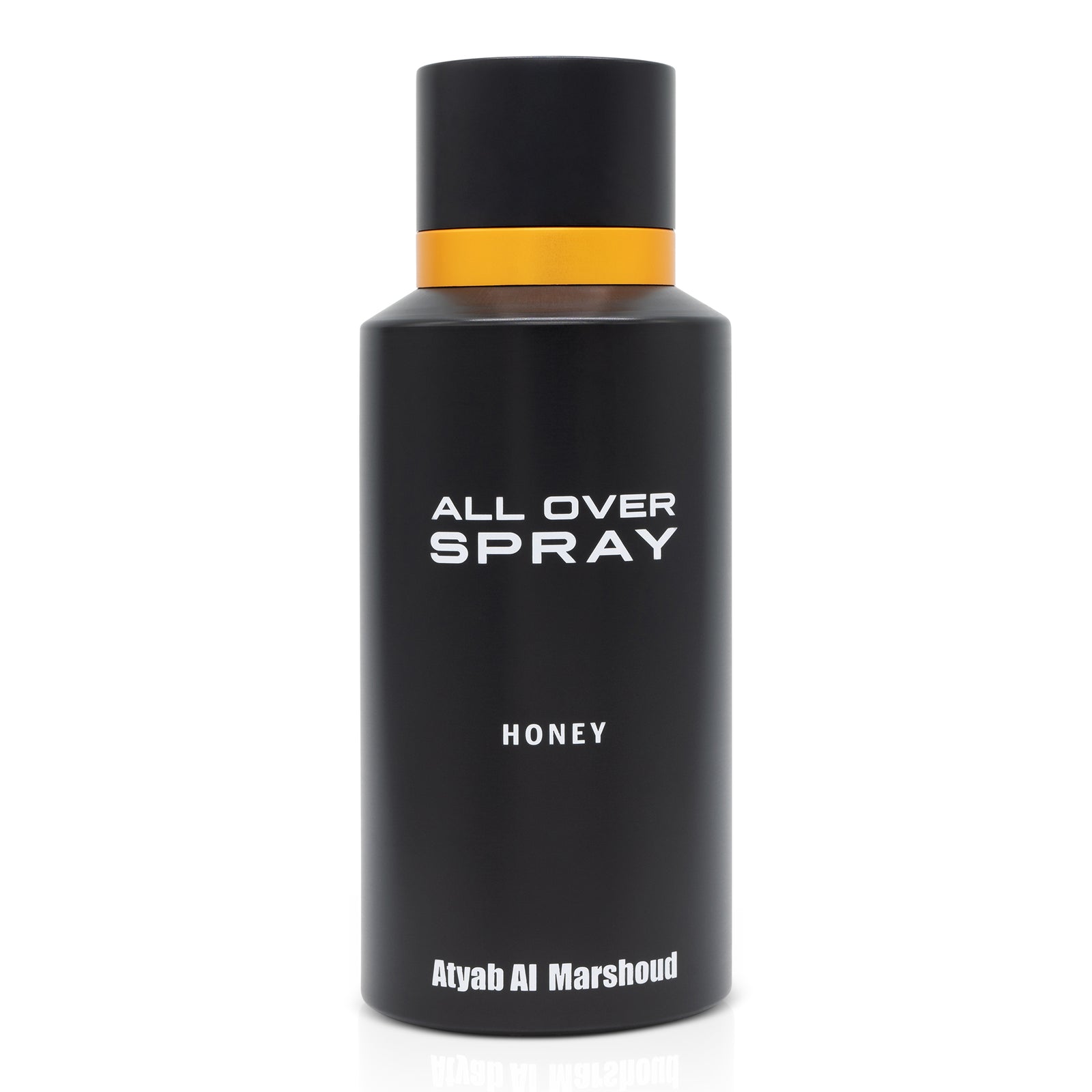 Black all-over spray bottle with a matte finish, orange accent band, and bold white text reading ‘All Over Spray’