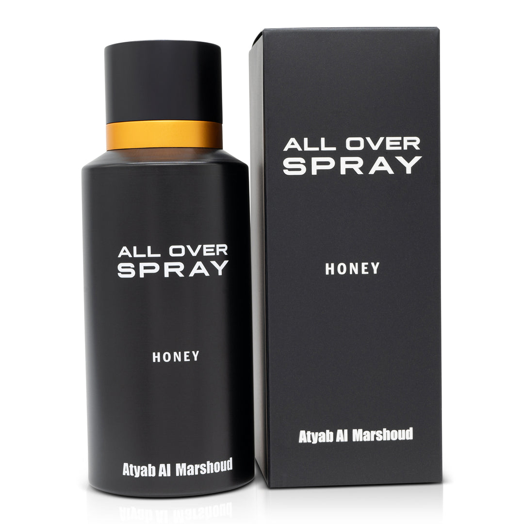 Black all-over spray bottle standing beside its matching black product box featuring white minimalist typography.