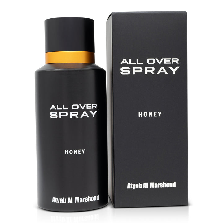 Black all-over spray bottle standing beside its matching black product box featuring white minimalist typography.