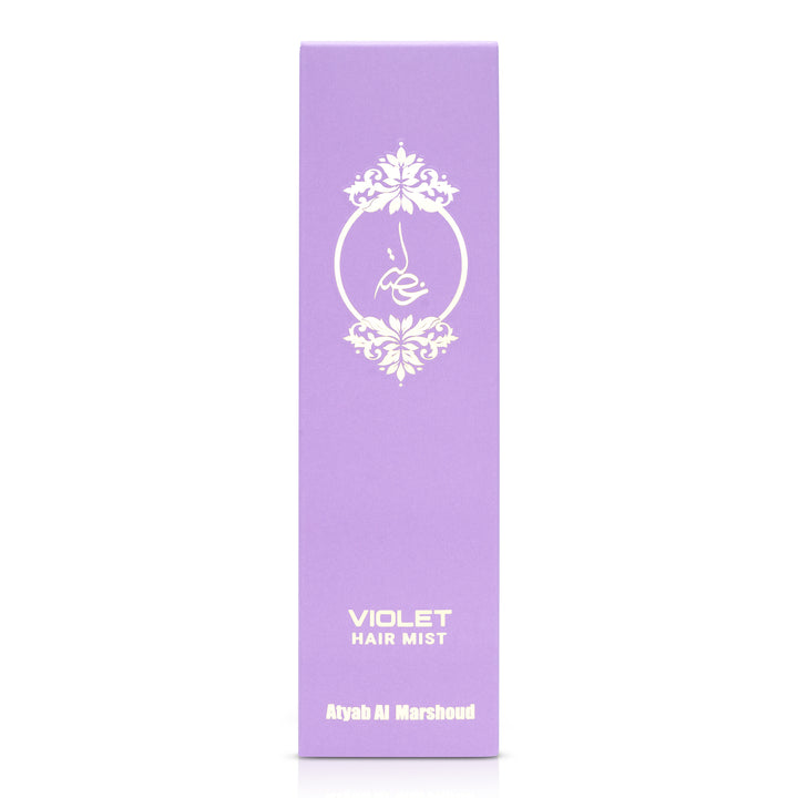 Front view of the lavender Violet body essence product box featuring gold floral detailing.