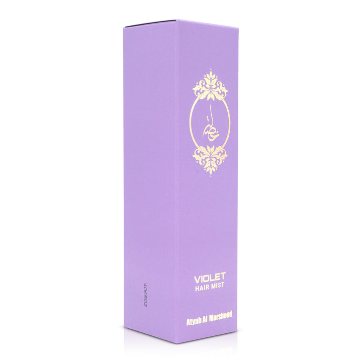 Angled view of the lavender Violet body essence box, showing its rectangular shape and gold design.