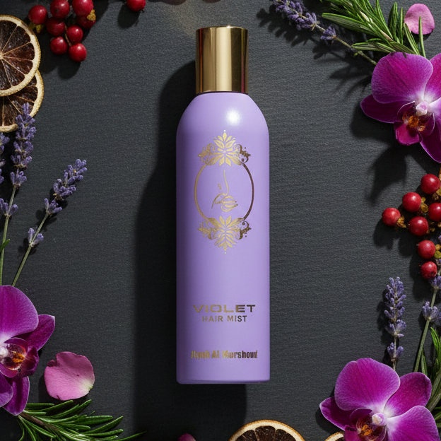 Lavender Violet body essence bottle placed on a dark surface surrounded by purple orchids, lavender sprigs, and red berries.