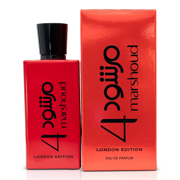 Red rectangular perfume bottle shown beside its matching red product box, both featuring bold black modern typography.
