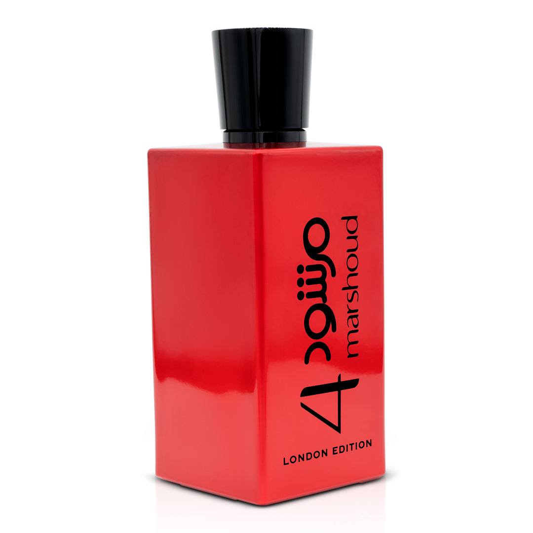 Angled view of a red perfume bottle and matching red box, highlighting their clean, minimalist design and black lettering.