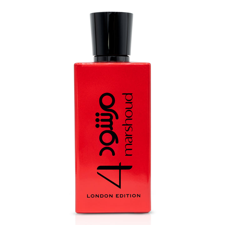 Bright red rectangular perfume bottle with a black cap and bold black typography reading ‘London Edition.