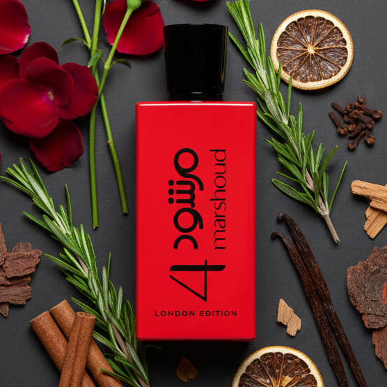 Red perfume bottle placed on a dark surface surrounded by red roses, citrus slices, cinnamon sticks, and greenery