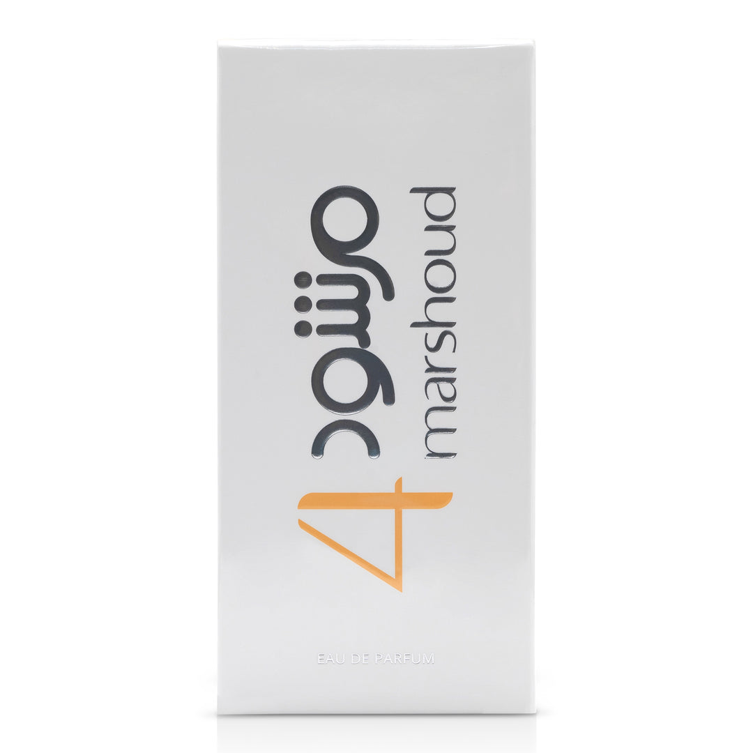 Angled view of the white perfume box showing its tall rectangular shape and simple graphic layout.