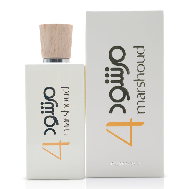 White rectangular perfume bottle with wooden-textured cap shown from a slight angle, highlighting its minimalist design.