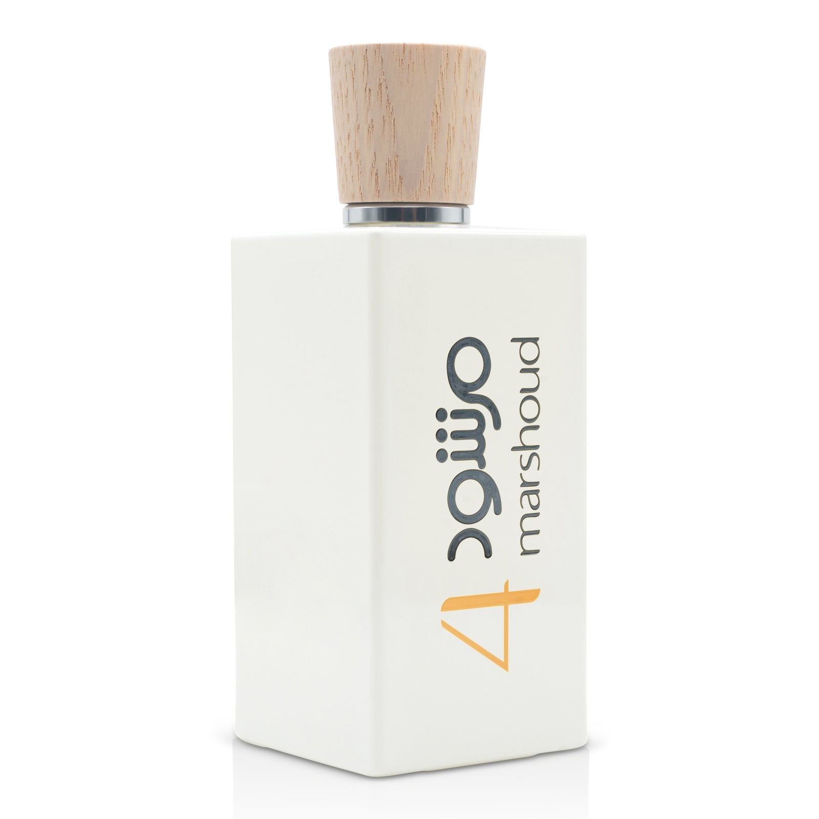 White rectangular perfume bottle with a wooden-textured cap and modern minimalist typography on the front.