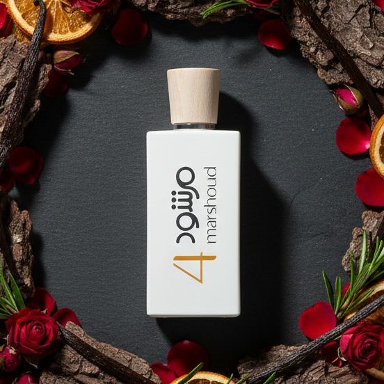 White rectangular perfume bottle with wooden cap placed on a dark surface surrounded by red flowers, berries, and greenery.