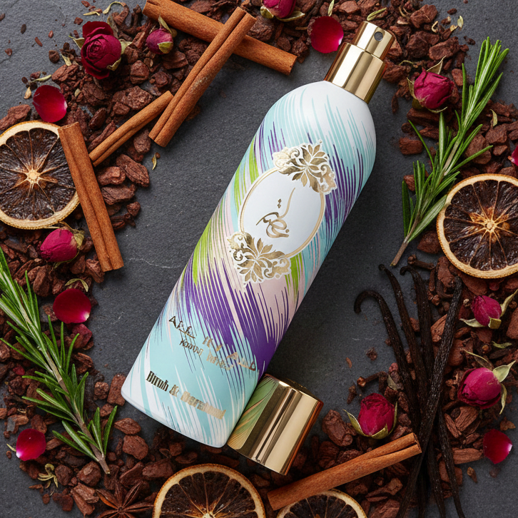 Body spray bottle with multicolor brush-stroke design placed on a festive surface surrounded by cinnamon sticks, star anise, pine, and red berries.