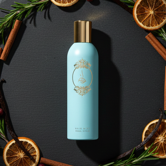 Light blue body essence bottle placed on a dark surface surrounded by dried orange slices, pine leaves, and star anise.