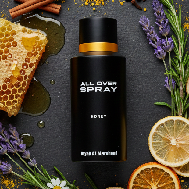 Black all-over spray bottle displayed on a rustic surface surrounded by sliced citrus fruits, herbs, and spices.