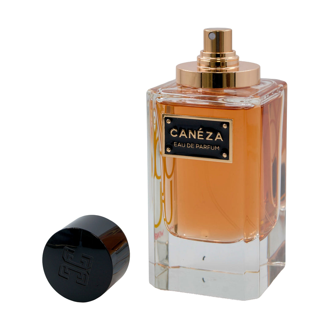 Caneza My Vogue Women Eau de Parfum 100 ml / 3.4 fl oz – Uncapped bottle with atomizer and cap on a white background