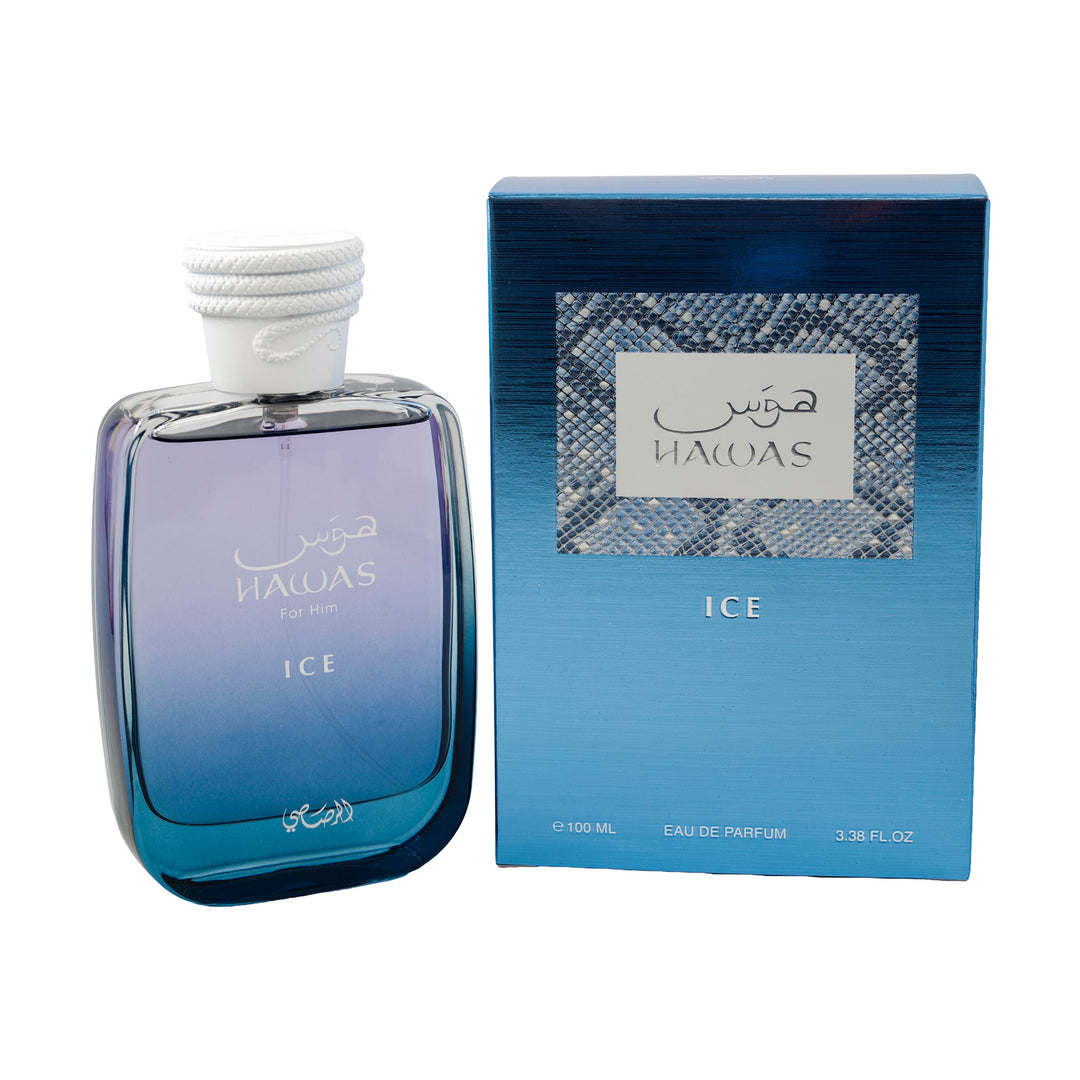 Rasasi Hawas Ice for Him Eau de Parfum 100 ml / 3.4 fl oz – Bottle with retail box on a white background