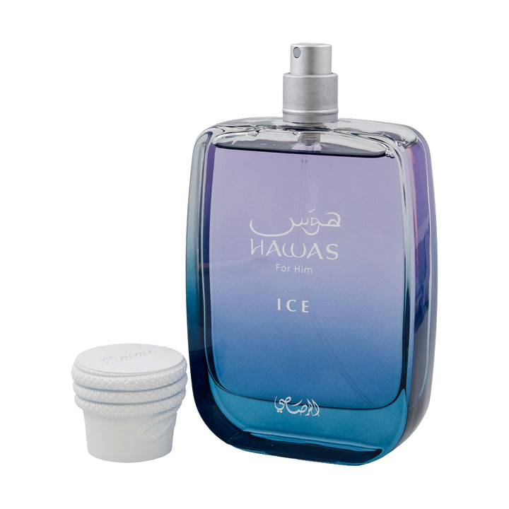 Rasasi Hawas Ice for Him Eau de Parfum 100 ml / 3.4 fl oz – Uncapped bottle with atomizer and cap on a white background