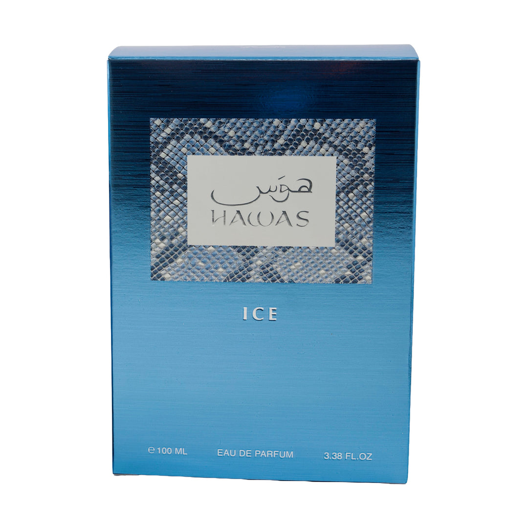Rasasi Hawas Ice for Him Eau de Parfum 100 ml / 3.4 fl oz – Retail box on a white background
