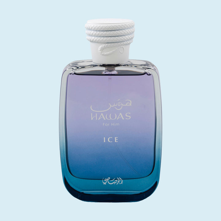 Rasasi Hawas Ice for Him Eau de Parfum 100 ml / 3.4 fl oz – Themed studio photograph
